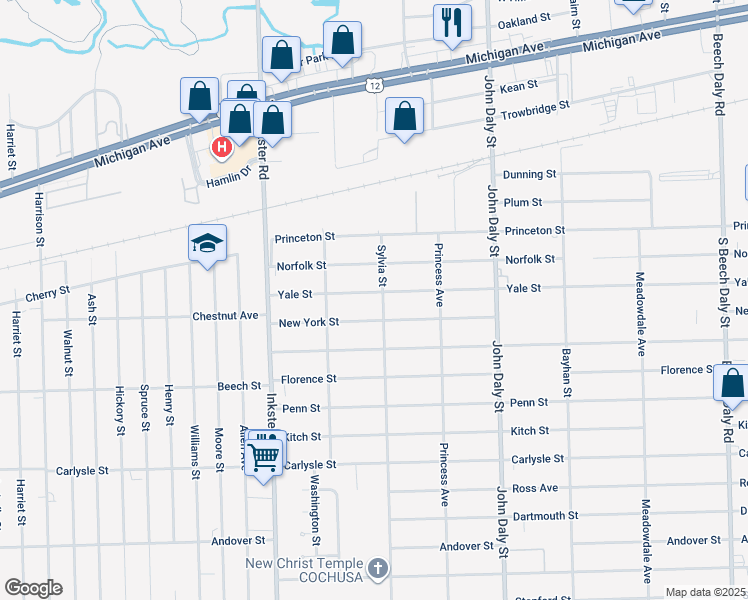map of restaurants, bars, coffee shops, grocery stores, and more near 27011 Yale Street in Inkster