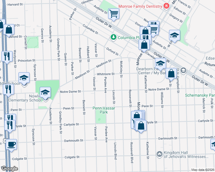 map of restaurants, bars, coffee shops, grocery stores, and more near 3237 Pardee Avenue in Dearborn