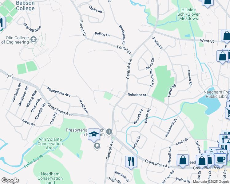 map of restaurants, bars, coffee shops, grocery stores, and more near 23 Dwight Road in Needham