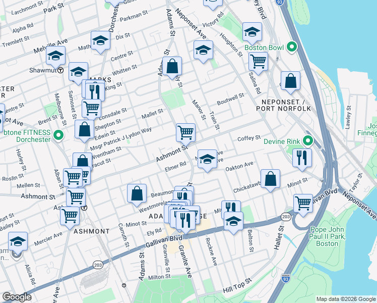 map of restaurants, bars, coffee shops, grocery stores, and more near 640 Adams Street in Boston