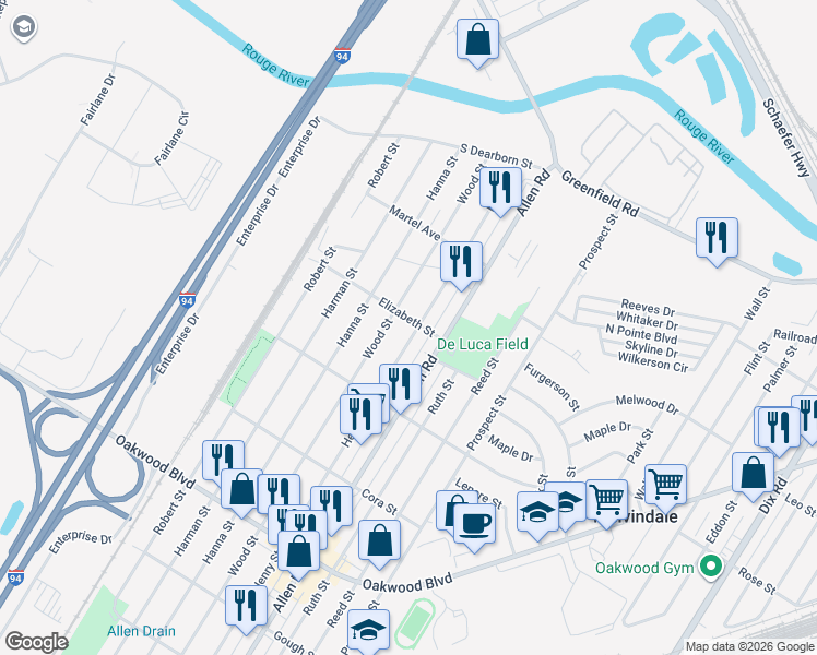 map of restaurants, bars, coffee shops, grocery stores, and more near 17611 Henry Street in Melvindale
