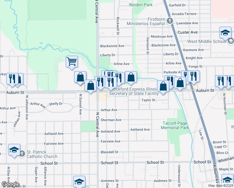 map of restaurants, bars, coffee shops, grocery stores, and more near 1115 Irving Avenue in Rockford
