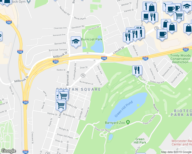 map of restaurants, bars, coffee shops, grocery stores, and more near 10 Wakefield Street in Worcester