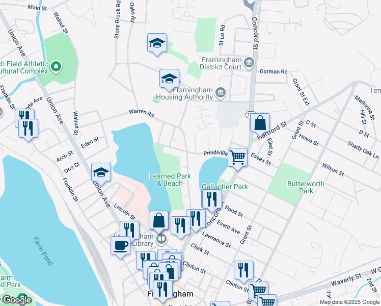 map of restaurants, bars, coffee shops, grocery stores, and more near 5 Prindiville Avenue in Framingham