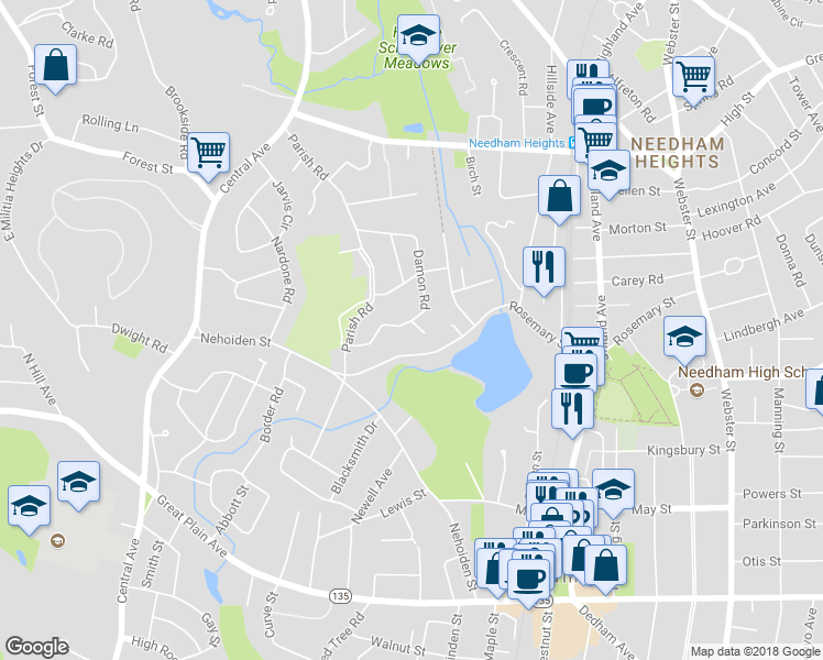map of restaurants, bars, coffee shops, grocery stores, and more near 134 Damon Road in Needham
