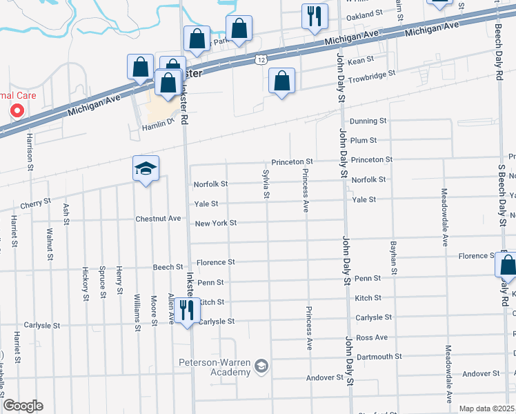 map of restaurants, bars, coffee shops, grocery stores, and more near 27025 Yale Street in Inkster