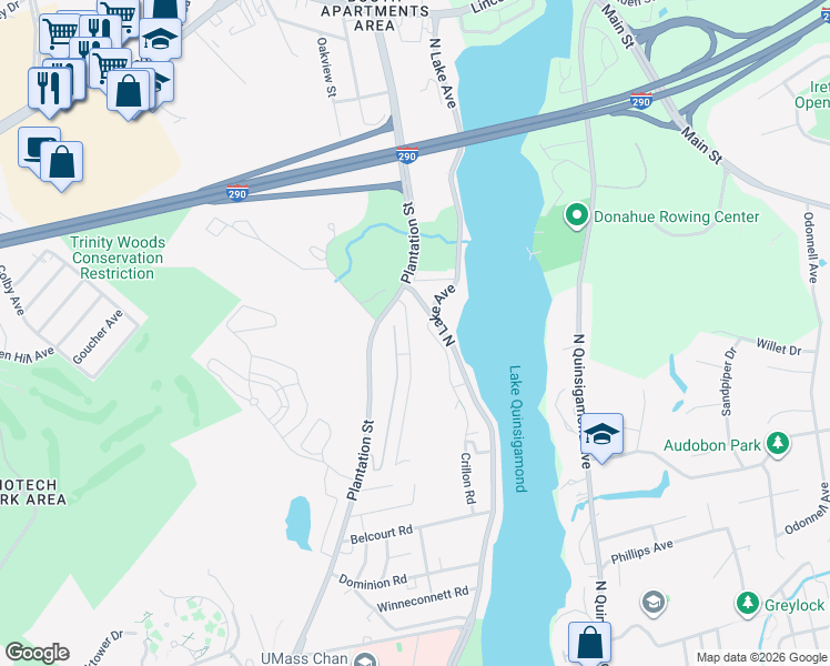 map of restaurants, bars, coffee shops, grocery stores, and more near 2 Wigwam Hill Drive in Worcester