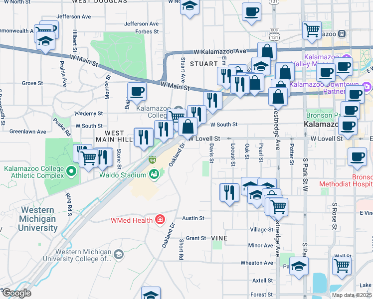 map of restaurants, bars, coffee shops, grocery stores, and more near 951 Bellevue Place in Kalamazoo