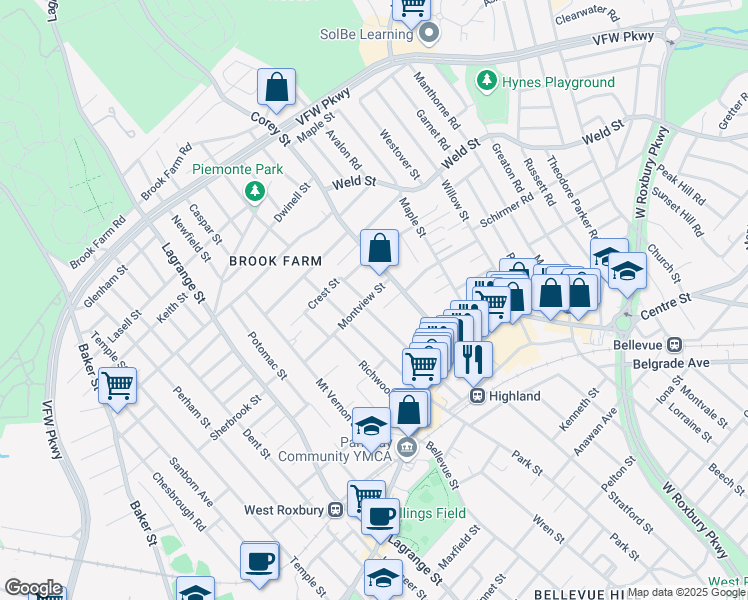 map of restaurants, bars, coffee shops, grocery stores, and more near 20 Montview Street in Boston