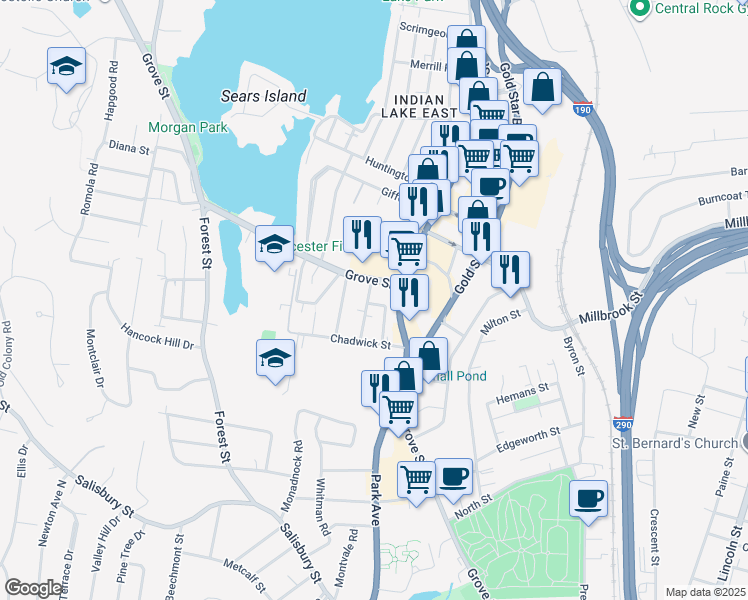 map of restaurants, bars, coffee shops, grocery stores, and more near 419 Grove Street in Worcester