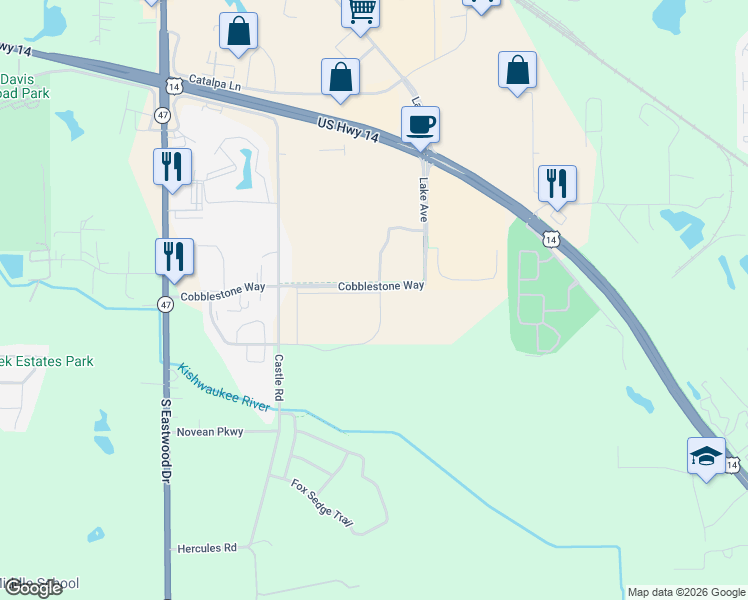 map of restaurants, bars, coffee shops, grocery stores, and more near 1420 Commons Drive in Woodstock