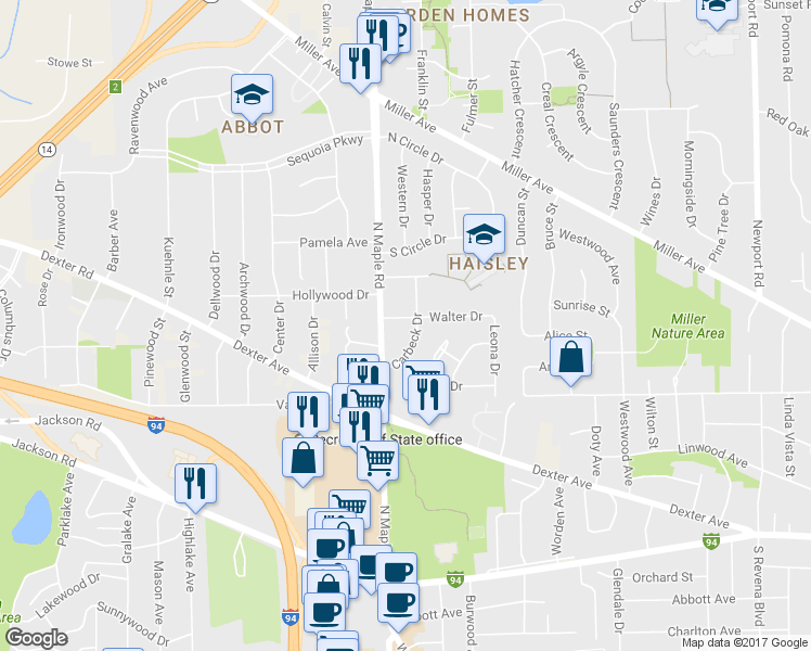 map of restaurants, bars, coffee shops, grocery stores, and more near 2409 Walter Drive in Ann Arbor