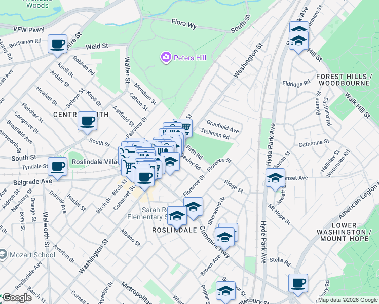 map of restaurants, bars, coffee shops, grocery stores, and more near 12 Bexley Road in Boston