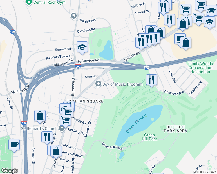 map of restaurants, bars, coffee shops, grocery stores, and more near 11 Wakefield Street in Worcester