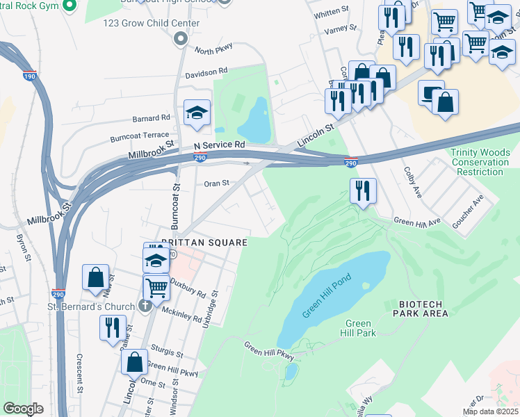 map of restaurants, bars, coffee shops, grocery stores, and more near 11 Wakefield Street in Worcester