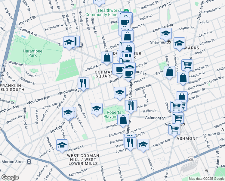 map of restaurants, bars, coffee shops, grocery stores, and more near 25 Oakwood Street in Boston