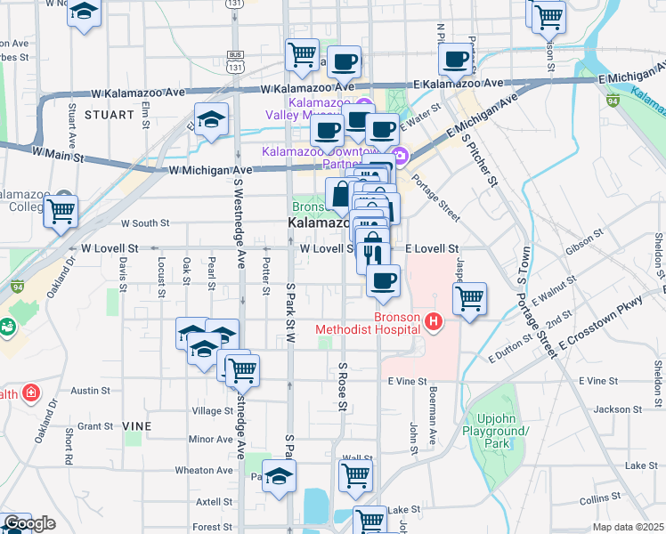 map of restaurants, bars, coffee shops, grocery stores, and more near 400 South Rose Street in Kalamazoo