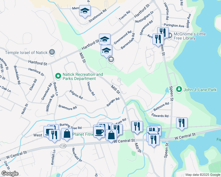 map of restaurants, bars, coffee shops, grocery stores, and more near 150 Mill Street in Natick
