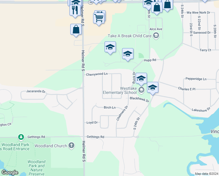 map of restaurants, bars, coffee shops, grocery stores, and more near 194 Apple Blossom Lane in Battle Creek