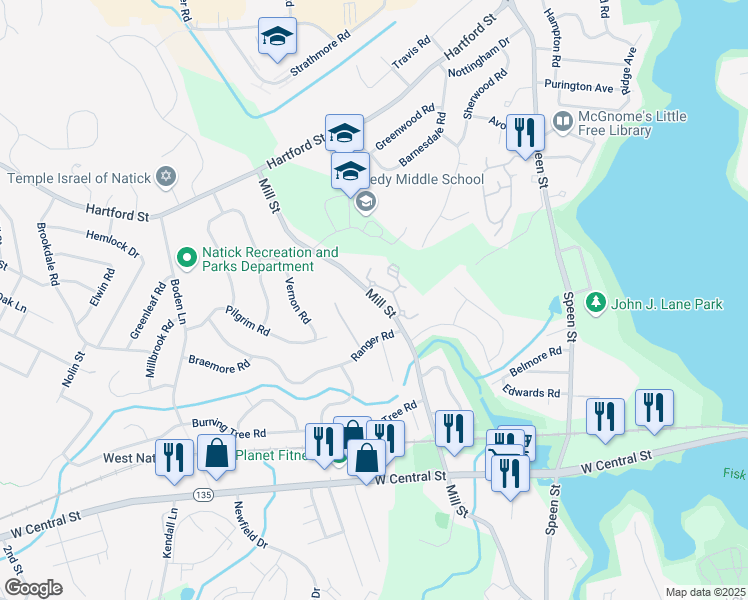map of restaurants, bars, coffee shops, grocery stores, and more near 150 Mill Street in Natick