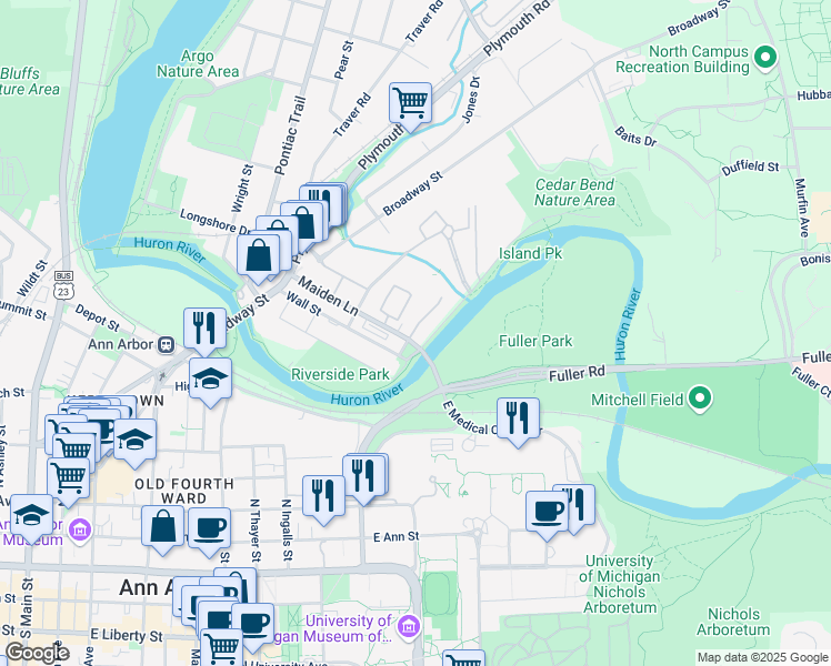 map of restaurants, bars, coffee shops, grocery stores, and more near 1102 Maiden Lane Court in Ann Arbor