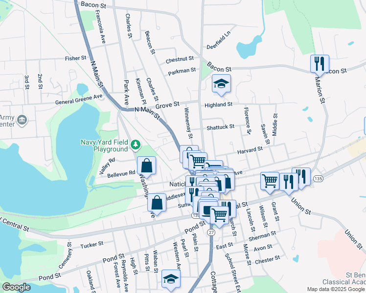 map of restaurants, bars, coffee shops, grocery stores, and more near 46 North Main Street in Natick