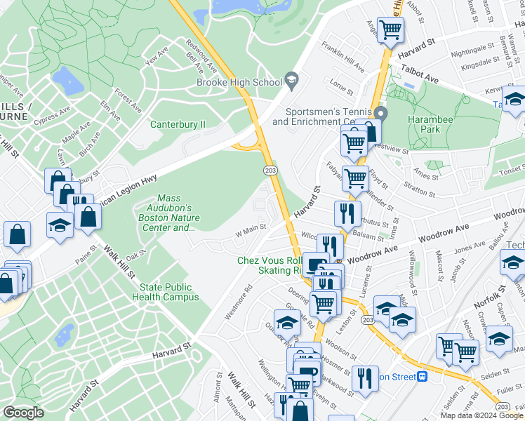 map of restaurants, bars, coffee shops, grocery stores, and more near 19 Blue Jay Circle in Boston