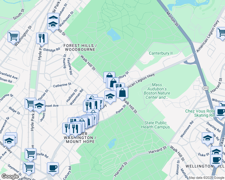 map of restaurants, bars, coffee shops, grocery stores, and more near 289 Walk Hill Street in Boston