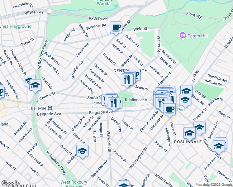 map of restaurants, bars, coffee shops, grocery stores, and more near 925 South Street in Boston