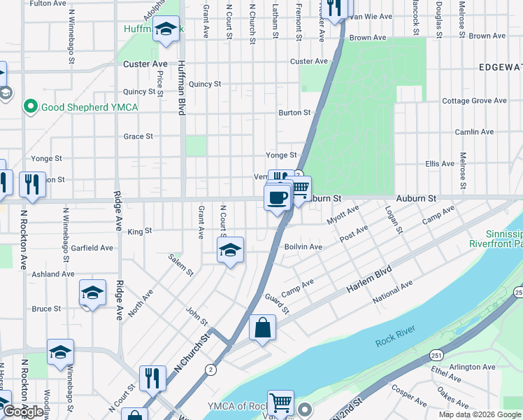 map of restaurants, bars, coffee shops, grocery stores, and more near 1420 Latham Place in Rockford