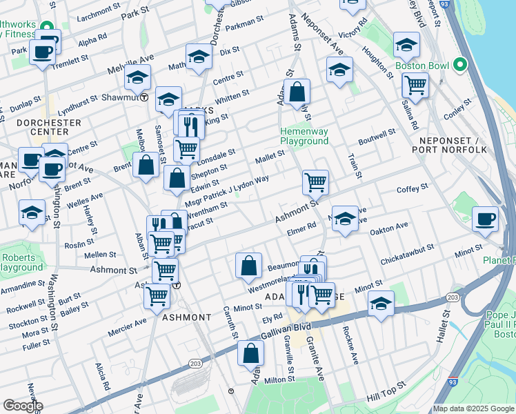 map of restaurants, bars, coffee shops, grocery stores, and more near 115 Florida Street in Boston