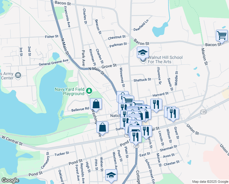 map of restaurants, bars, coffee shops, grocery stores, and more near 46 North Main Street in Natick