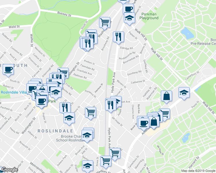 map of restaurants, bars, coffee shops, grocery stores, and more near 5A Larch Place in Boston
