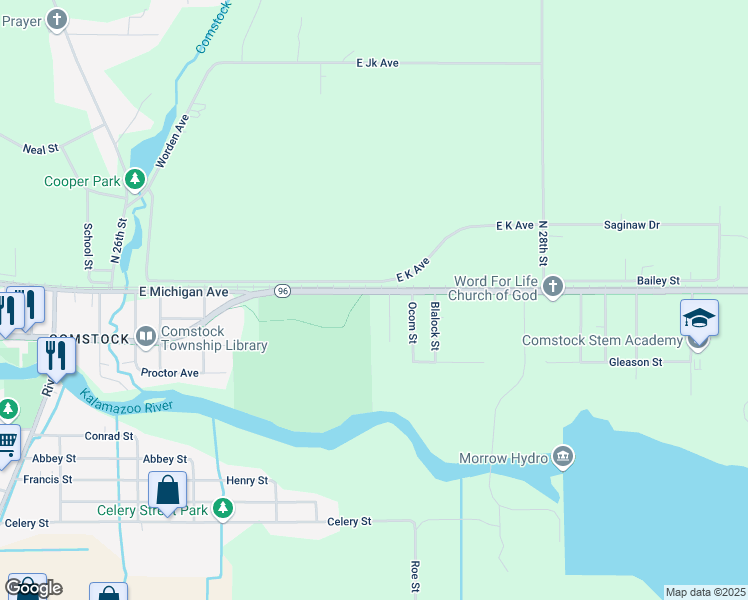 map of restaurants, bars, coffee shops, grocery stores, and more near 6626 East Michigan Avenue in Kalamazoo
