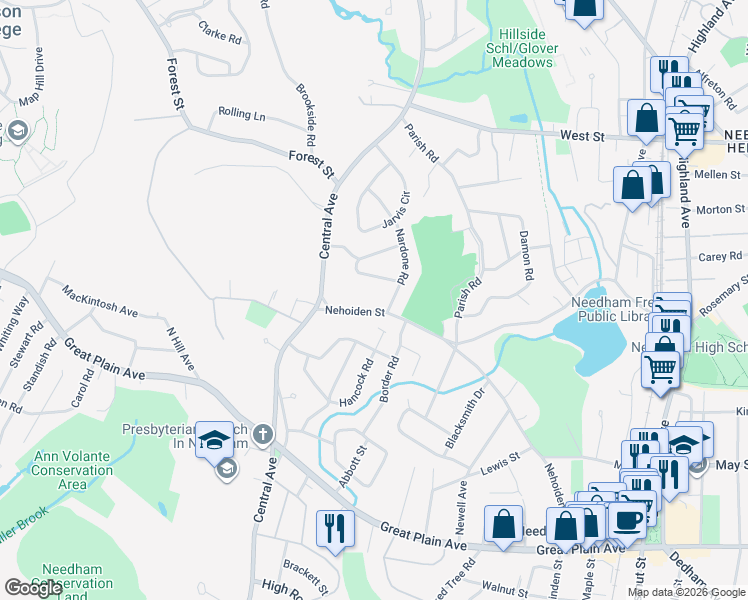 map of restaurants, bars, coffee shops, grocery stores, and more near 52 Nehoiden Street in Needham