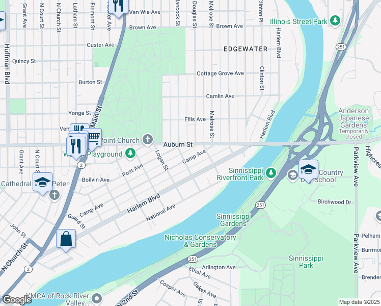map of restaurants, bars, coffee shops, grocery stores, and more near 1818 Camp Avenue in Rockford