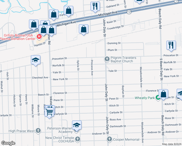 map of restaurants, bars, coffee shops, grocery stores, and more near 26809 Yale Street in Inkster