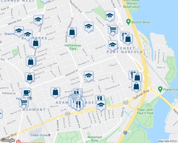 map of restaurants, bars, coffee shops, grocery stores, and more near 24 Nahant Avenue in Boston