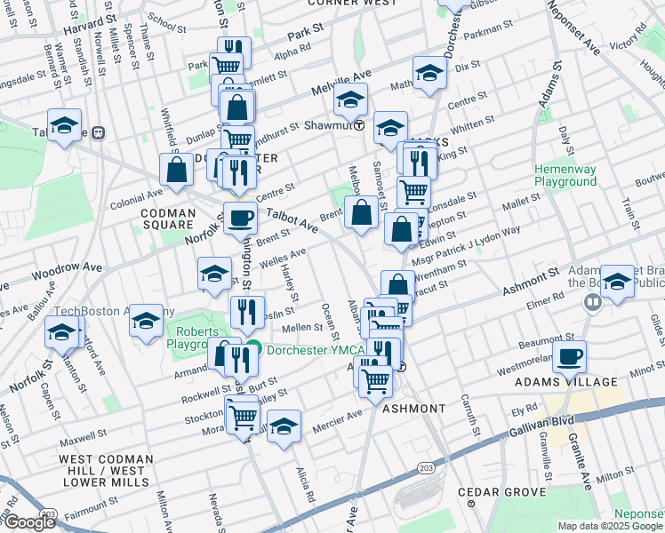 map of restaurants, bars, coffee shops, grocery stores, and more near 94A Alban Street in Boston