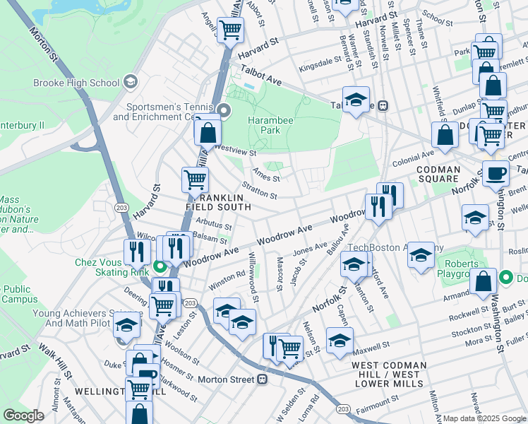 map of restaurants, bars, coffee shops, grocery stores, and more near 114-118 Floyd Street in Boston