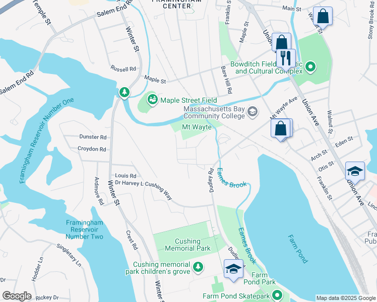 map of restaurants, bars, coffee shops, grocery stores, and more near 18 Chatauqua Avenue in Framingham