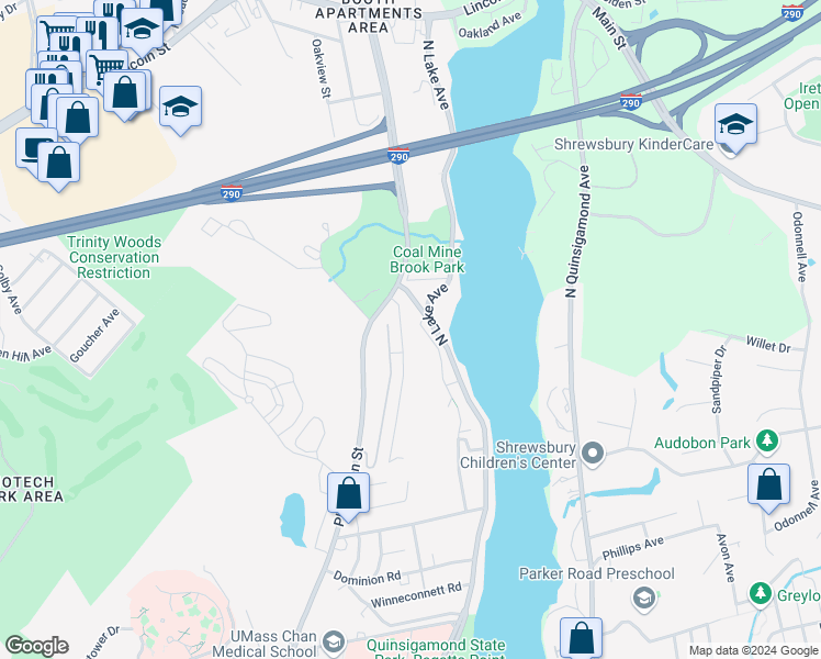 map of restaurants, bars, coffee shops, grocery stores, and more near 107 Natural History Drive in Worcester