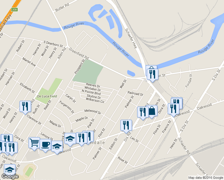 map of restaurants, bars, coffee shops, grocery stores, and more near 17203 Wall Street in Melvindale