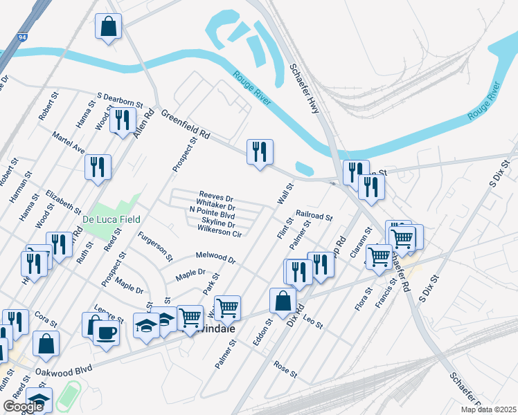 map of restaurants, bars, coffee shops, grocery stores, and more near 17203 Wall Street in Melvindale