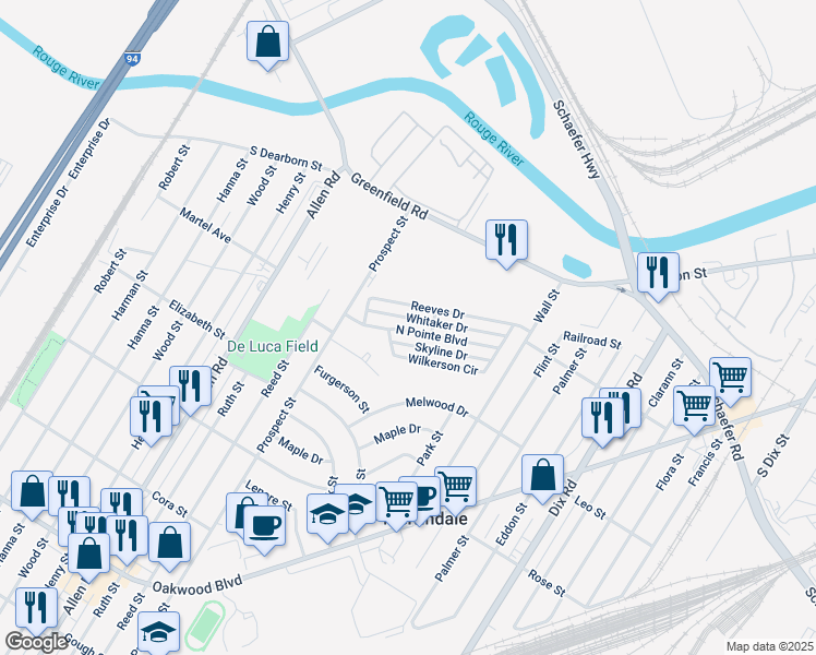 map of restaurants, bars, coffee shops, grocery stores, and more near 3394 North Pointe Boulevard in Melvindale