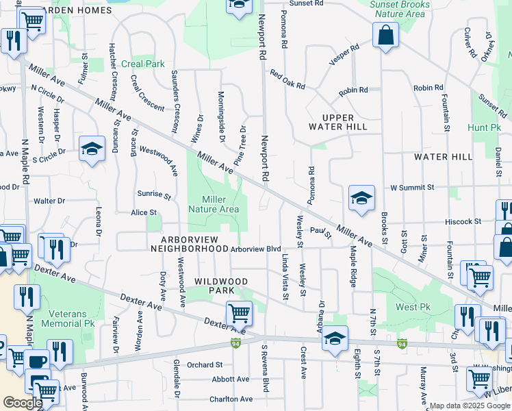 map of restaurants, bars, coffee shops, grocery stores, and more near 717 Newport Place in Ann Arbor
