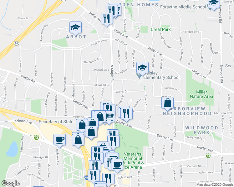 map of restaurants, bars, coffee shops, grocery stores, and more near 2409 Walter Drive in Ann Arbor