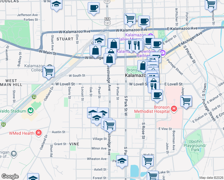 map of restaurants, bars, coffee shops, grocery stores, and more near 475 West Lovell Street in Kalamazoo