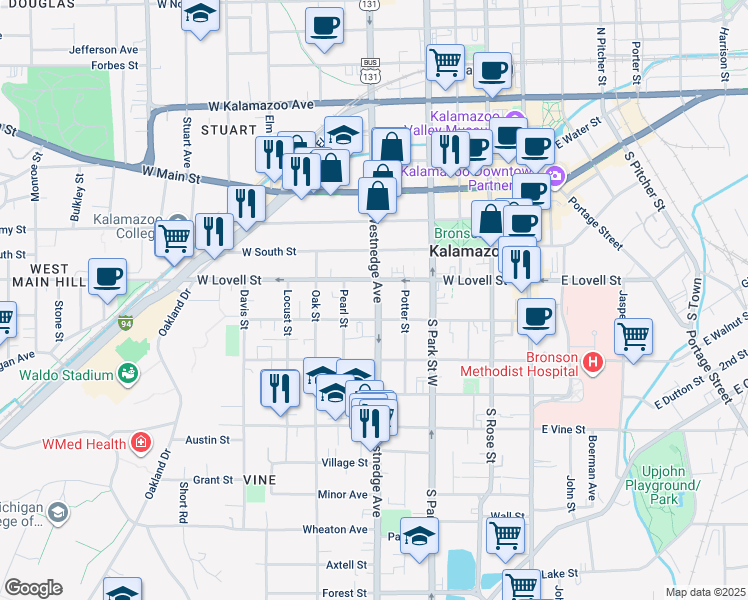 map of restaurants, bars, coffee shops, grocery stores, and more near 426 South Westnedge Avenue in Kalamazoo