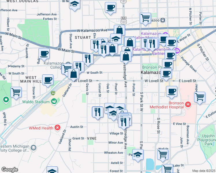 map of restaurants, bars, coffee shops, grocery stores, and more near 424 Pearl Street in Kalamazoo